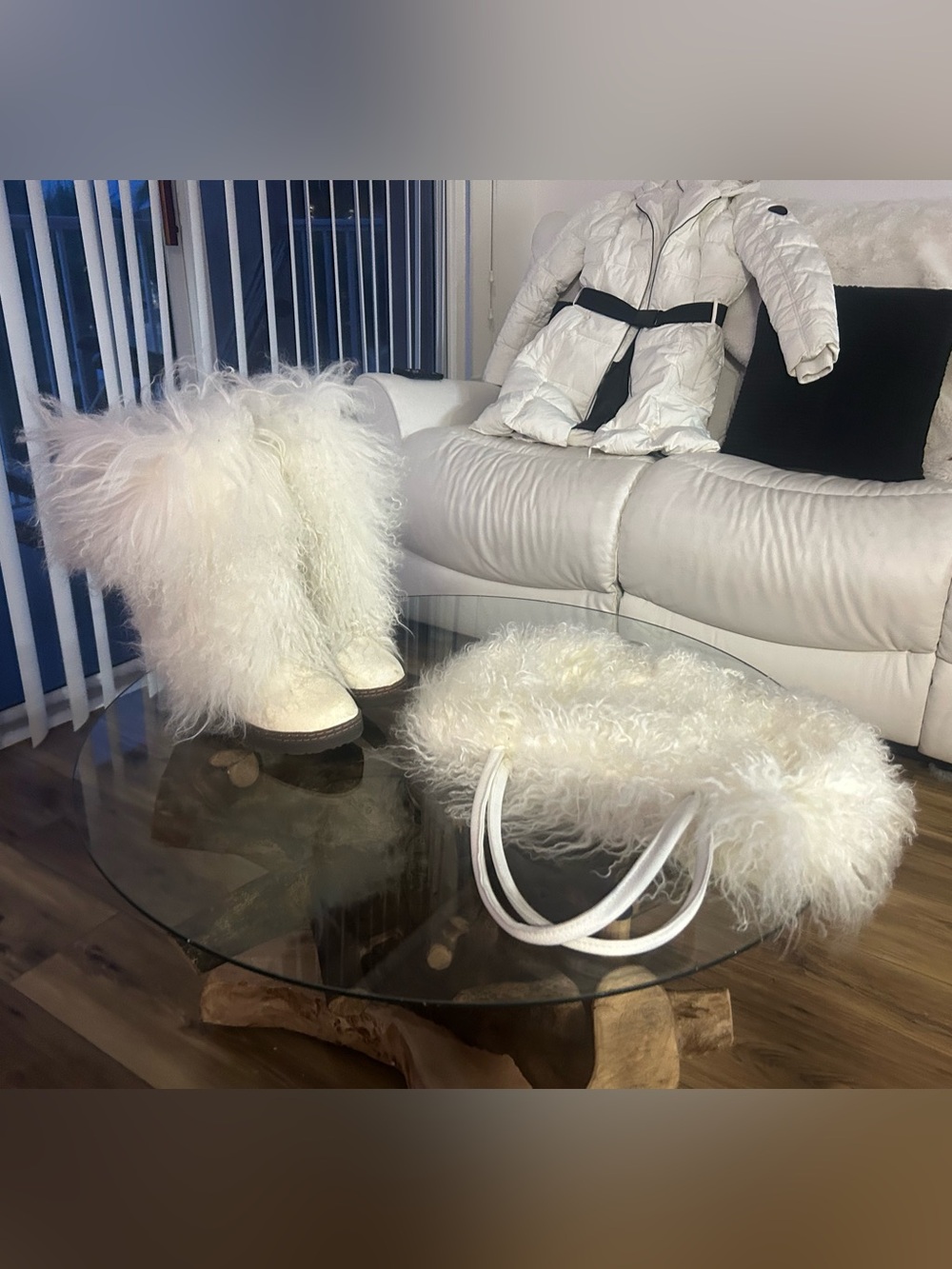White Fluffy Faux Fur Boots and Matching Bag and coat set